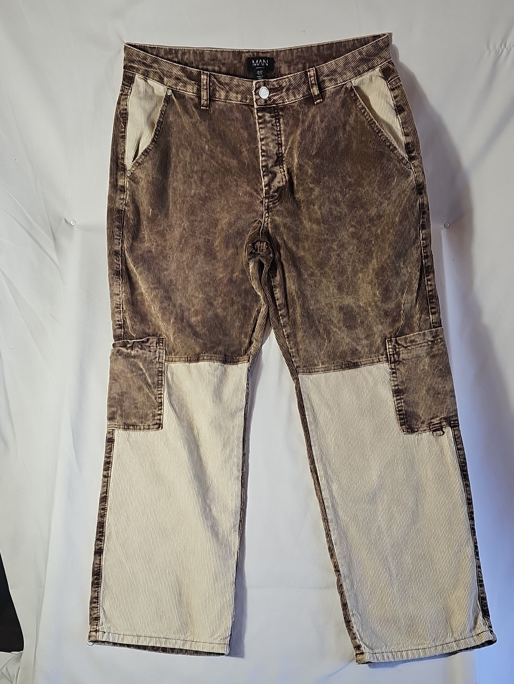 Boohoo Mens Two-Tone Brown and Cream Cargo Trousers